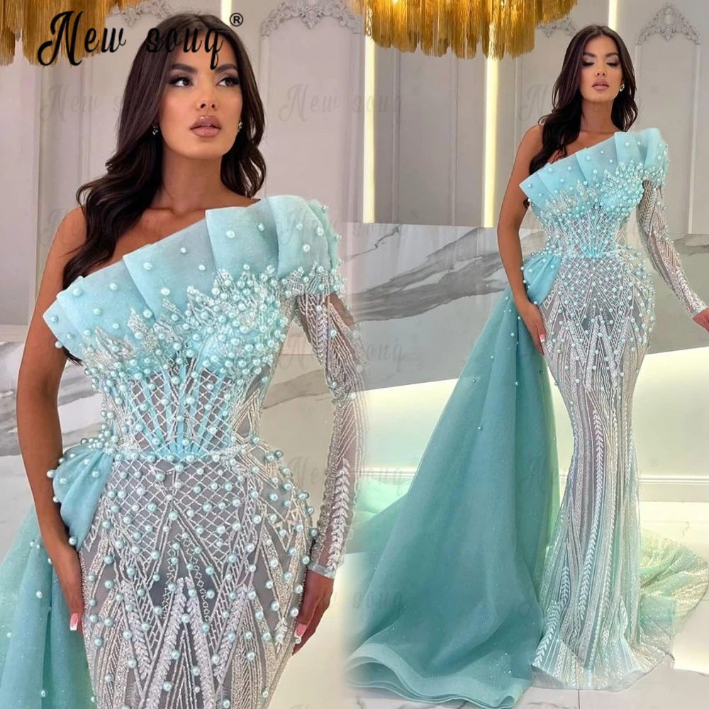 Vestido de noche largo de sirena para mujer, traje de lujo turquesa con un hombro descubierto, Formal, con perlas, para fiesta de graduación, 2023