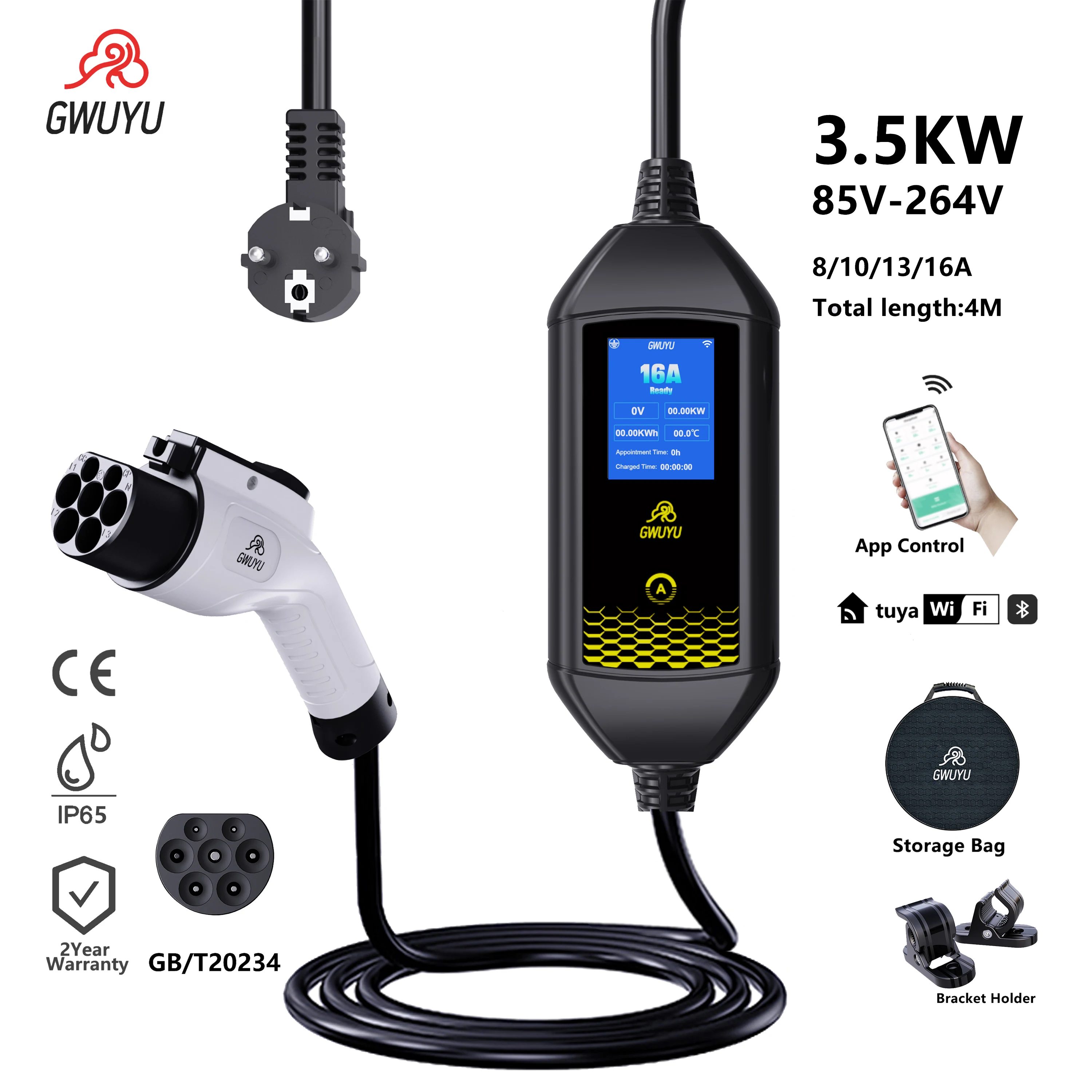 GWUYU Portable GBT AC Charging Pile 3.5KW EV Charger 2.8 Inch Screen APP Control Electric Vehicle Charging Station Home Use