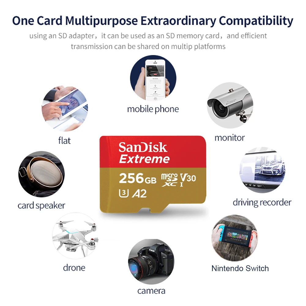 بطاقة ذاكرة SanDisk V30 4K Extreme Micro SD 128GB 64GB 256GB 512GB 1T SDXC A2 U3 Max 190MB/s Flash TF للكاميرا DJI