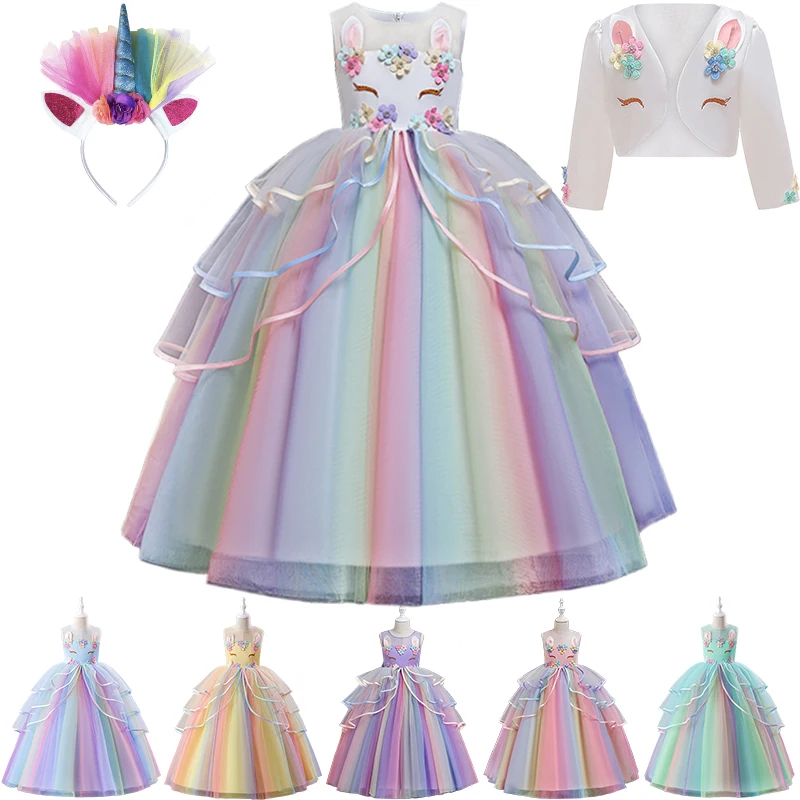 Children Christmas Rainbow Unicorn Elegant Dress for Girls Flower Colorful Fluffy Mesh Princess Birthday Party Pageant Dresses