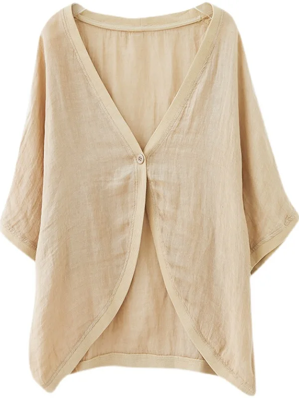 Women's Summer Thin Cotton Linen Sun Protection irt Artistic UV Protection Loose Fit ort Outerwear V-Ne Button up