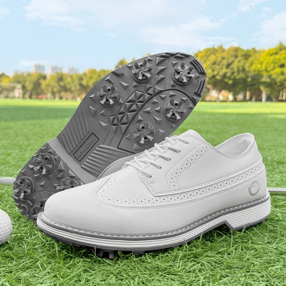 New Men Spiked Golf Shoes Premium Leather Upper Stable Grip Cleated Shoes Waterproof Wear-resistant Golf Training Shoes