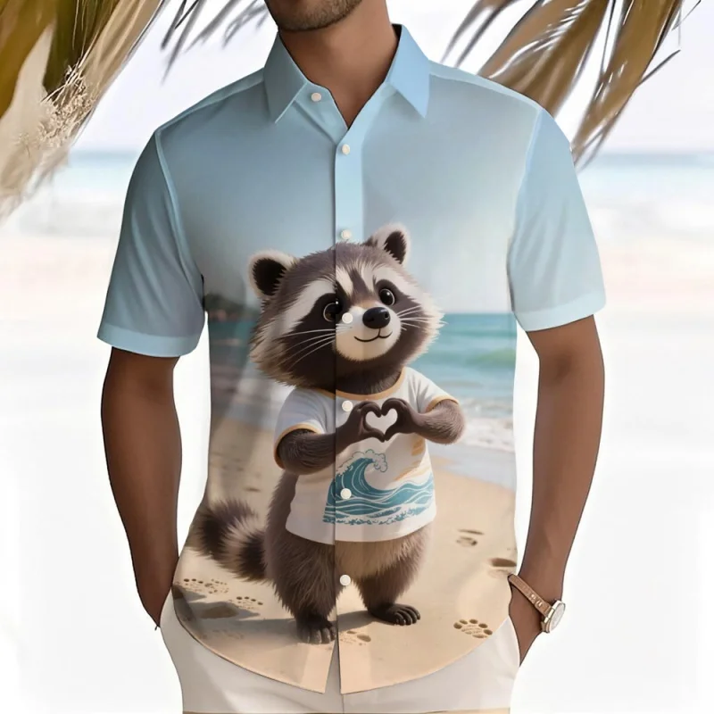 ثلاثية الأبعاد مطبوعة الدب فلامنغو الراكون قميص هاواي صيفي للرجال الحب الحيوان نمط ألوها قمصان الصيف قصيرة الأكمام بلايز بلوزة غير رسمية