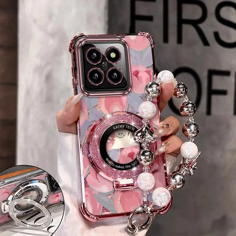 

14 чехол-держатель браслета с розовым тюльпаном для Xiaomi 14 12X 15Pro 13Pro 15 13 12S 14Pro 15Ultra 14T 12 Civi 3 4 Cover