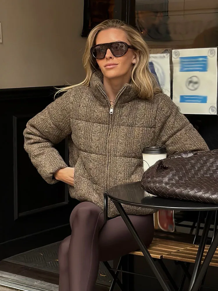 HH Chaqueta corta de moda de invierno para mujer, abrigos tejidos de manga larga con bolsillos y cuello alto liso y cremalleras, 2 colores