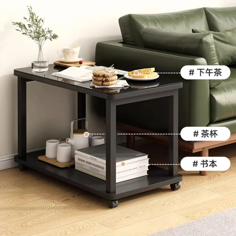 Movable sofa side side cabinet coffee table small table living room household tempered glass with wheel rack