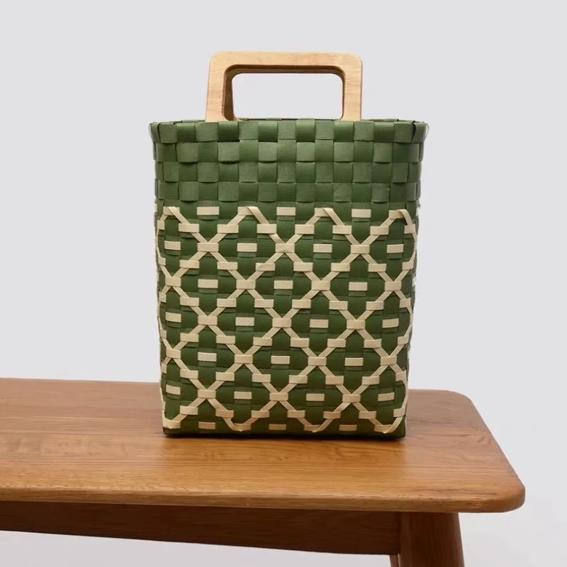 

Handmade Woven Basket with Contrast Color ,Wooden Handles ,Braided Tote Bag Gift,Summer PP Straw Weave Baskets Bag for Women