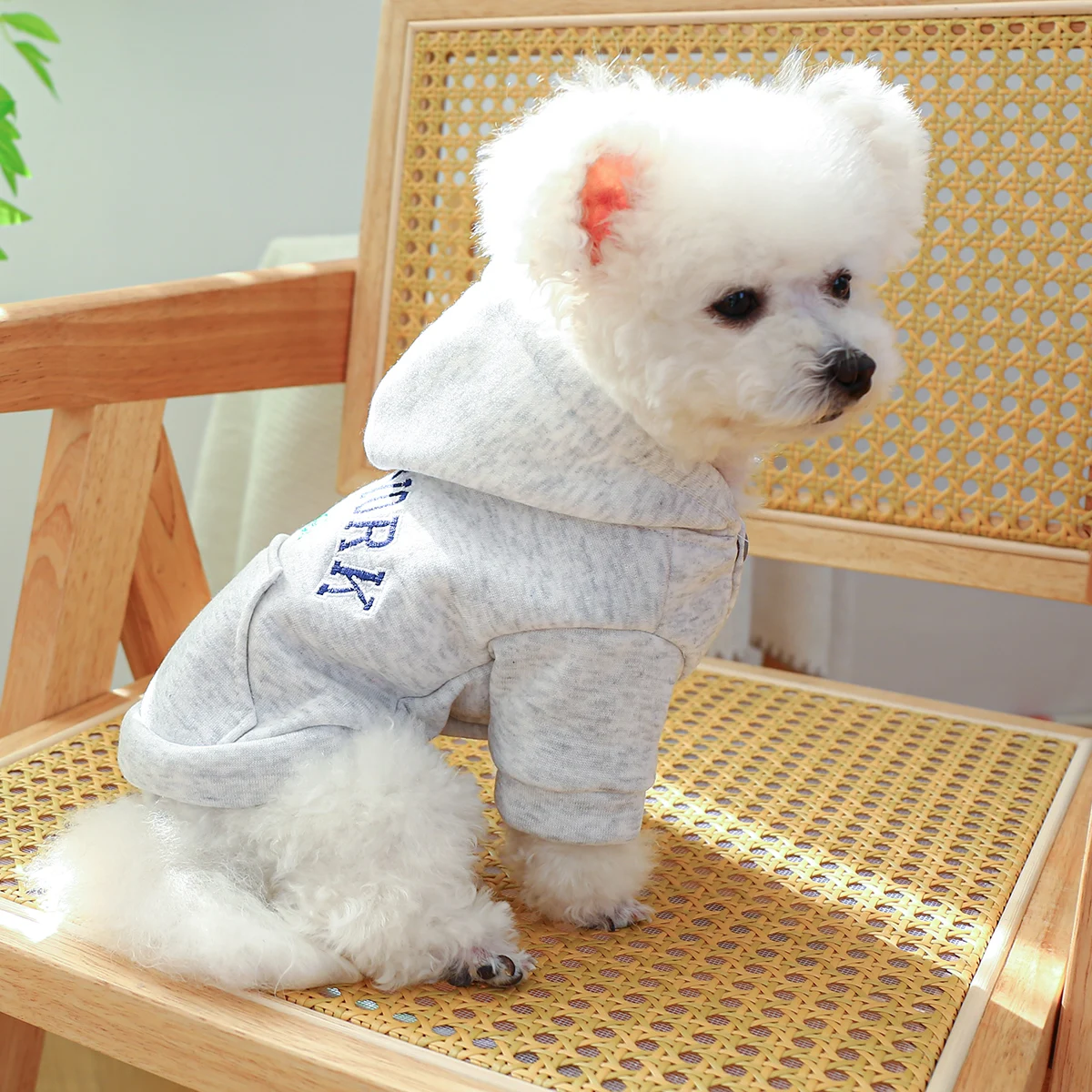 1PC Pet Apparel Dog Spring and Autumn New York Pocket Grey Casual Hooded Coat With Drawstring Buckle For Small Medium Dogs