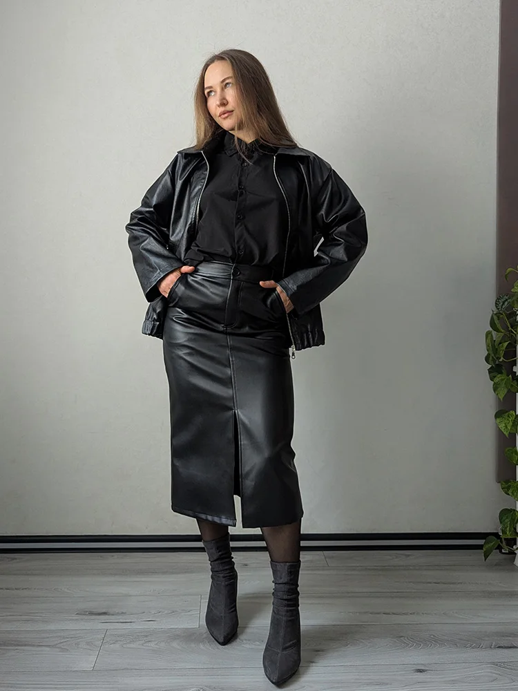 Long Leather Skirts For Women Brown High Quality PU Midi Bodycon Skirt Front Split High Waist Women's Leather Skirt Black Midi