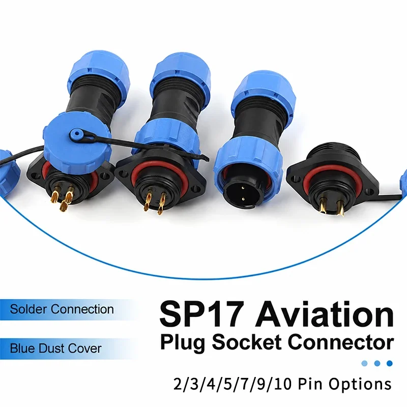SP17 Flange Connector Set Male Cable Plug Female Panel Socket 2 3 4 5 7 9 10 Pin Solder Contacts Blue Lock Ring Dust Cover 1 Set