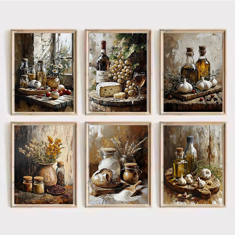 Bread and Flour Print Country Kitchen Still Life Wall Art Rustic Food Oil Painting Vintage Style Poster Antique Printable Decor