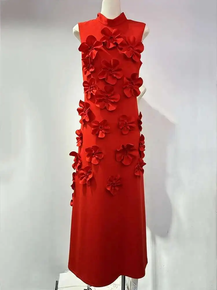 Elegant หญิงชุดราตรี 3D ออกแบบดอกไม้แขนยาวผู้หญิง Slim Dresses ฤดูใบไม้ผลิสีแดง robe ใหม่