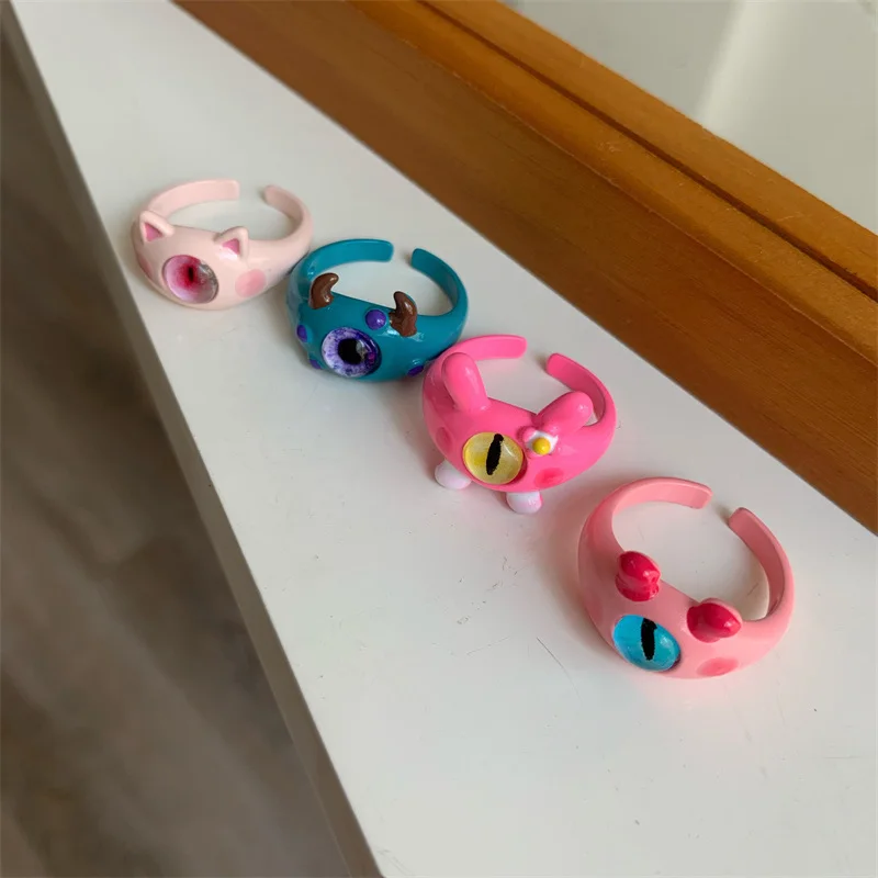 Punk eyes ring Cute Green Monster Ring For Women Fashion Sweet Two Color Cat Eyes Open Couple Ring party Finger Accessories