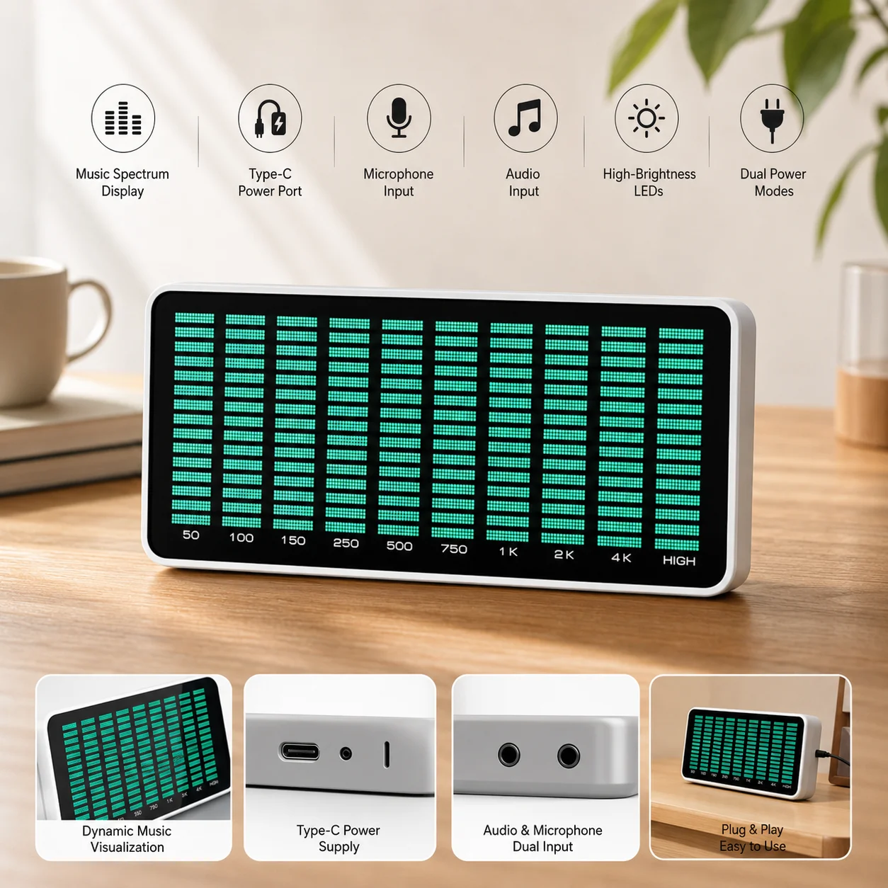 

AK1016 Music Spectrum Type-C Dual-Power Port Audio + Microphone Dual-Input LED Spectrum Finished Product