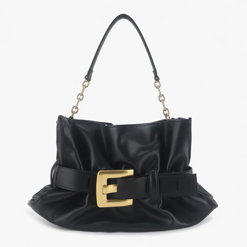 

Elegant Pleated Shoulder Bags Women Brand Designer Metal Belt Buckle Tote Handbags Fashion INS High Street Girls Underarm Bag