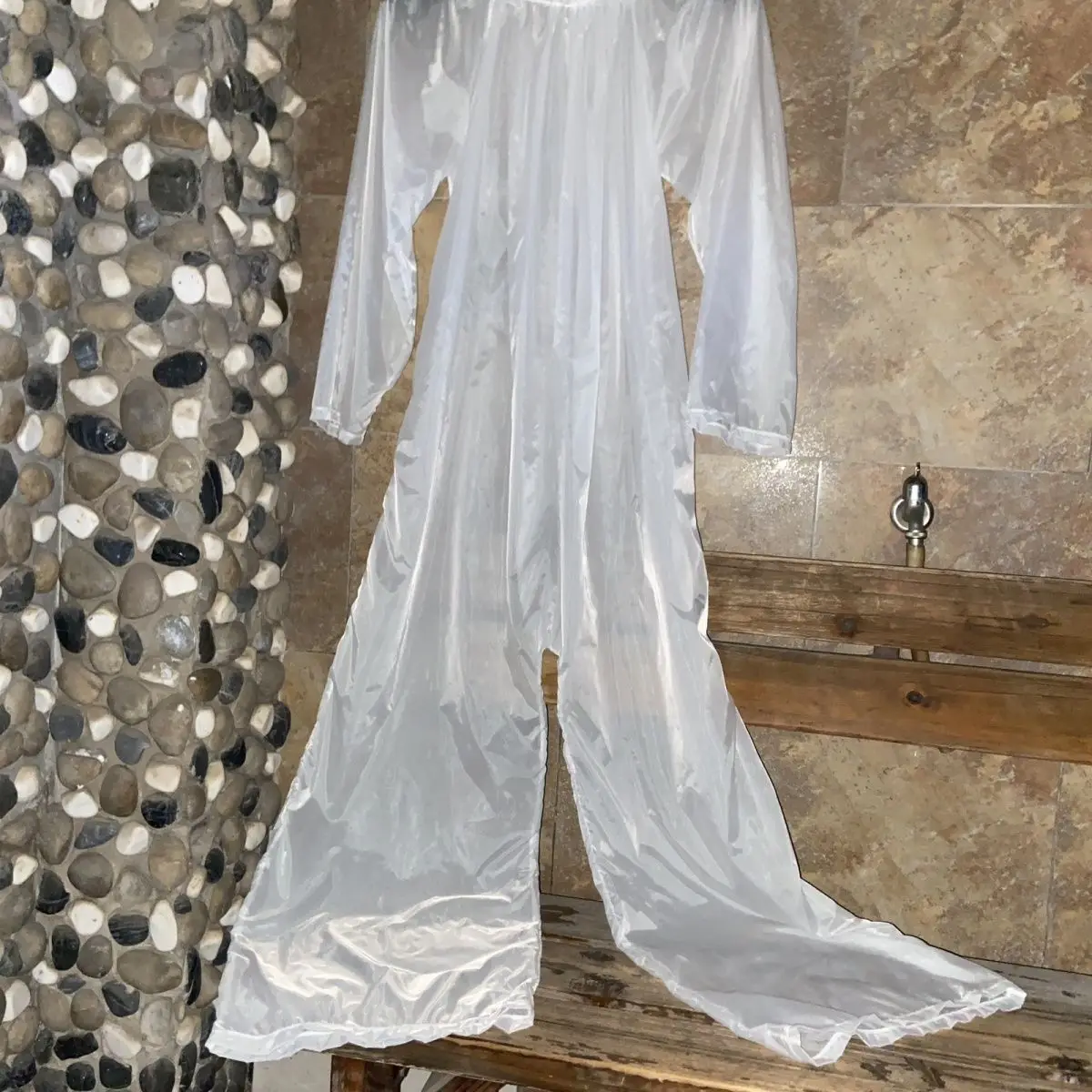 Protein Film Jumpsuit One Piece Silk Sheen Long Sleeve Wide Leg Full Body Smooth Seamless Soft Comfortable Lazy Style Casual