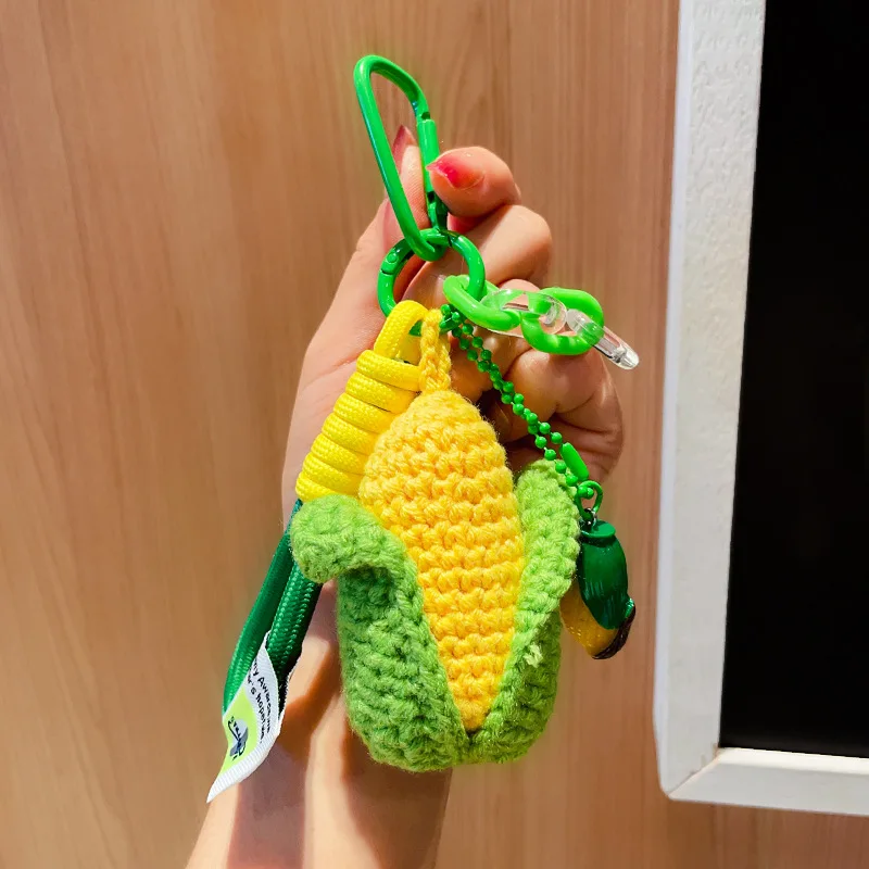 LLavero de maíz de simulación de ganchillo de hilo hecho a mano, tejido de felpa, pequeño bolso colgante, decoración tejida, simulación de maíz, 1 ud.