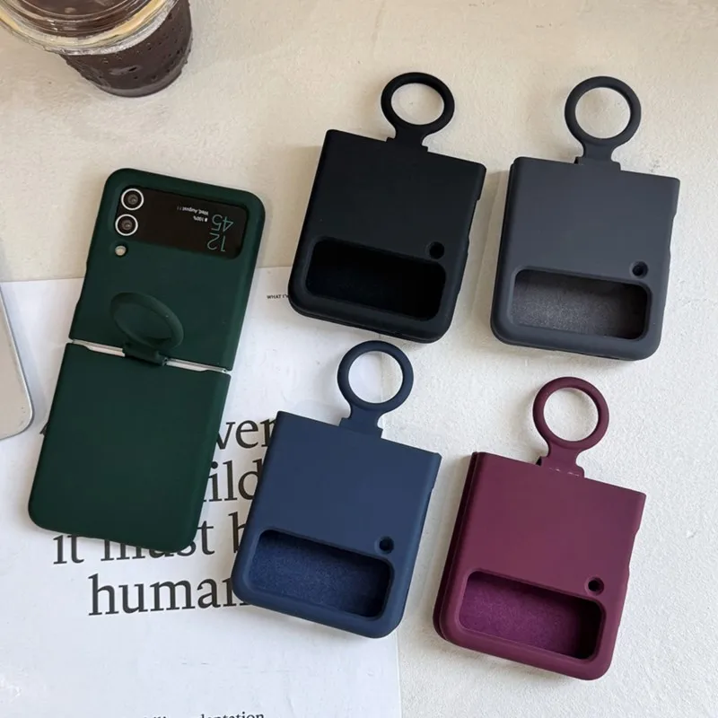 

Matte Skin Friendly Silicone Handheld Ring Case For Samsung Galaxy Z Flip 4 3 ZFlip4 ZFlip3 Shockproof Solid Color Soft Cover