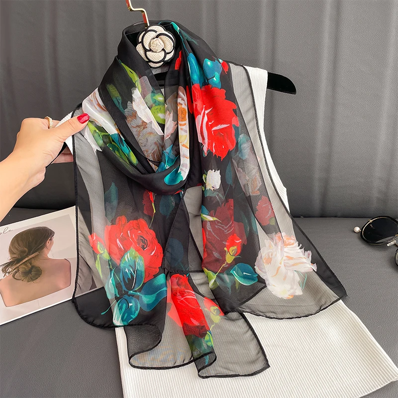 Luxury Brand Women Beach Scarf Georgette Silk Shawls Design Print Headband Female Summer Headband Wraps Sunscreen Hijab 2023