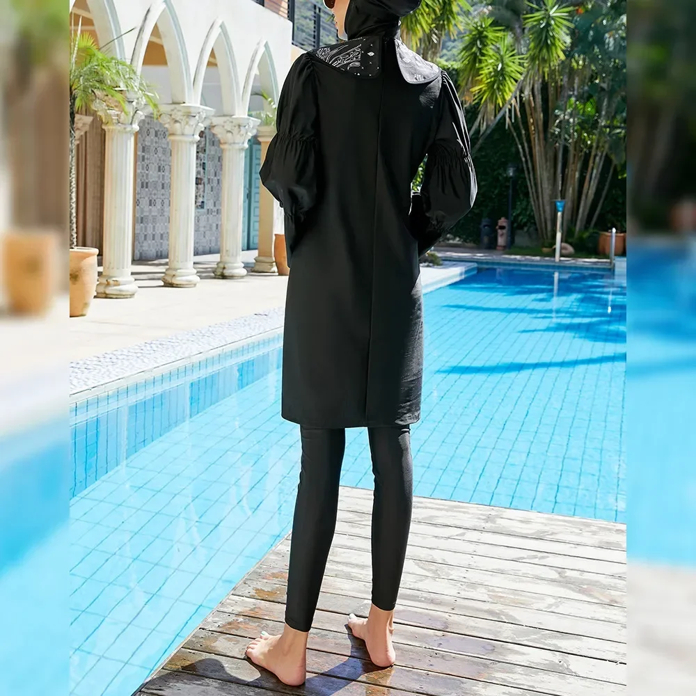 2025 Burkini Muslimische Bademode Schwarz Druck 3-teiliges Set Badeanzug Modest Frauen Hijab Islam Frauen Voller Badeanzug Langarm Baden