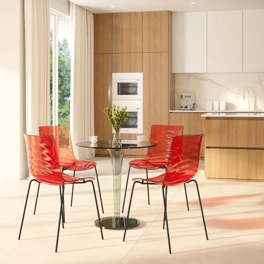 Ergonomic Dinning Chair Ripple Design in Black Base Transparent Seat Set of 4 Astor Collection in Transparent Red