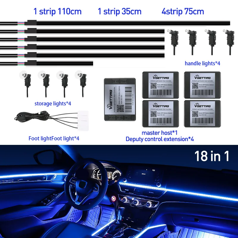Full Color Streamer Auto Omgevingslichten RGB 64-kleuren Universeel LED-interieur Verborgen acrylstrip Symfonie Sfeerlamp