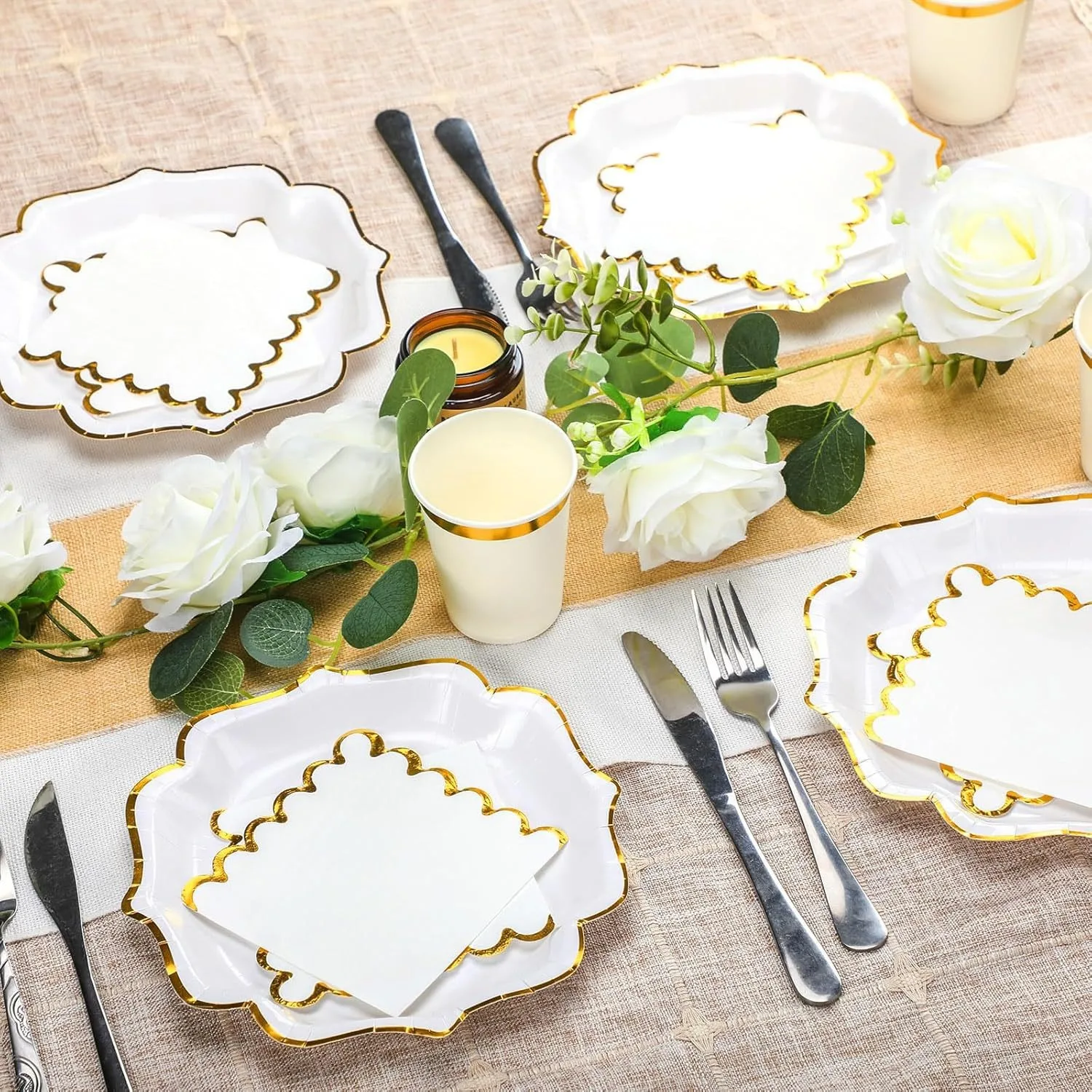 10 Stück Weiße Einweg-Tischware mit Goldspitzenprägung Pappteller für Outdoor-Veranstaltungen Hochzeit Geburtstagsfeier Servietten Becher – Detail 3