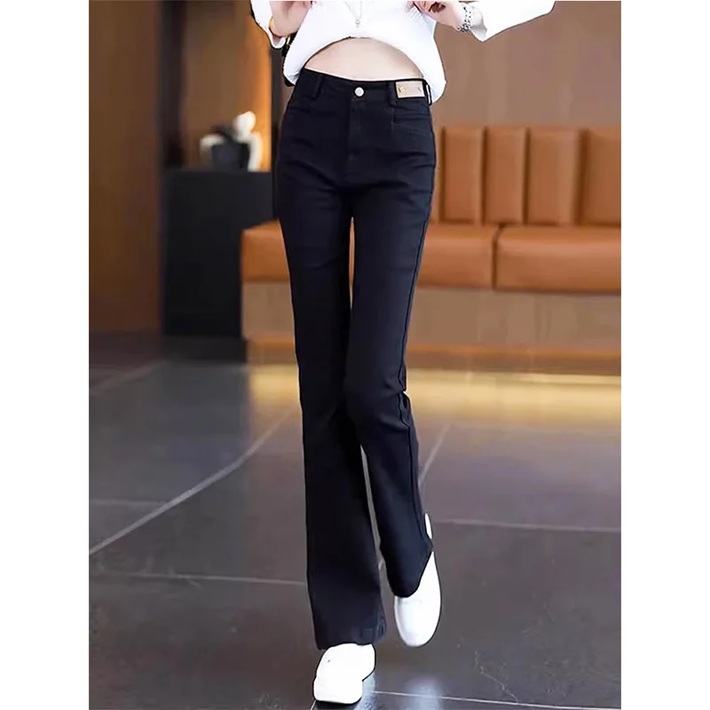 Stretch pants Black jeans women spring and autumn horseshoe pants thin bell bottoms pure cotton micro cropped pants