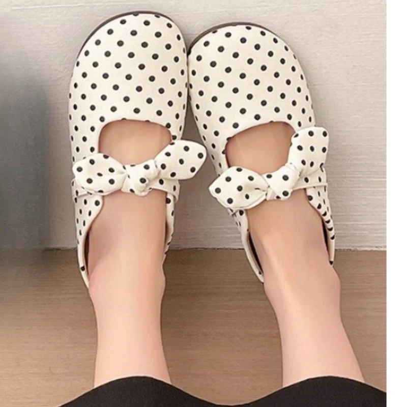 

2026 Women Soft Sole Flats Sandals polka dot Round Toe Elegant Butterfly-knot Shoes