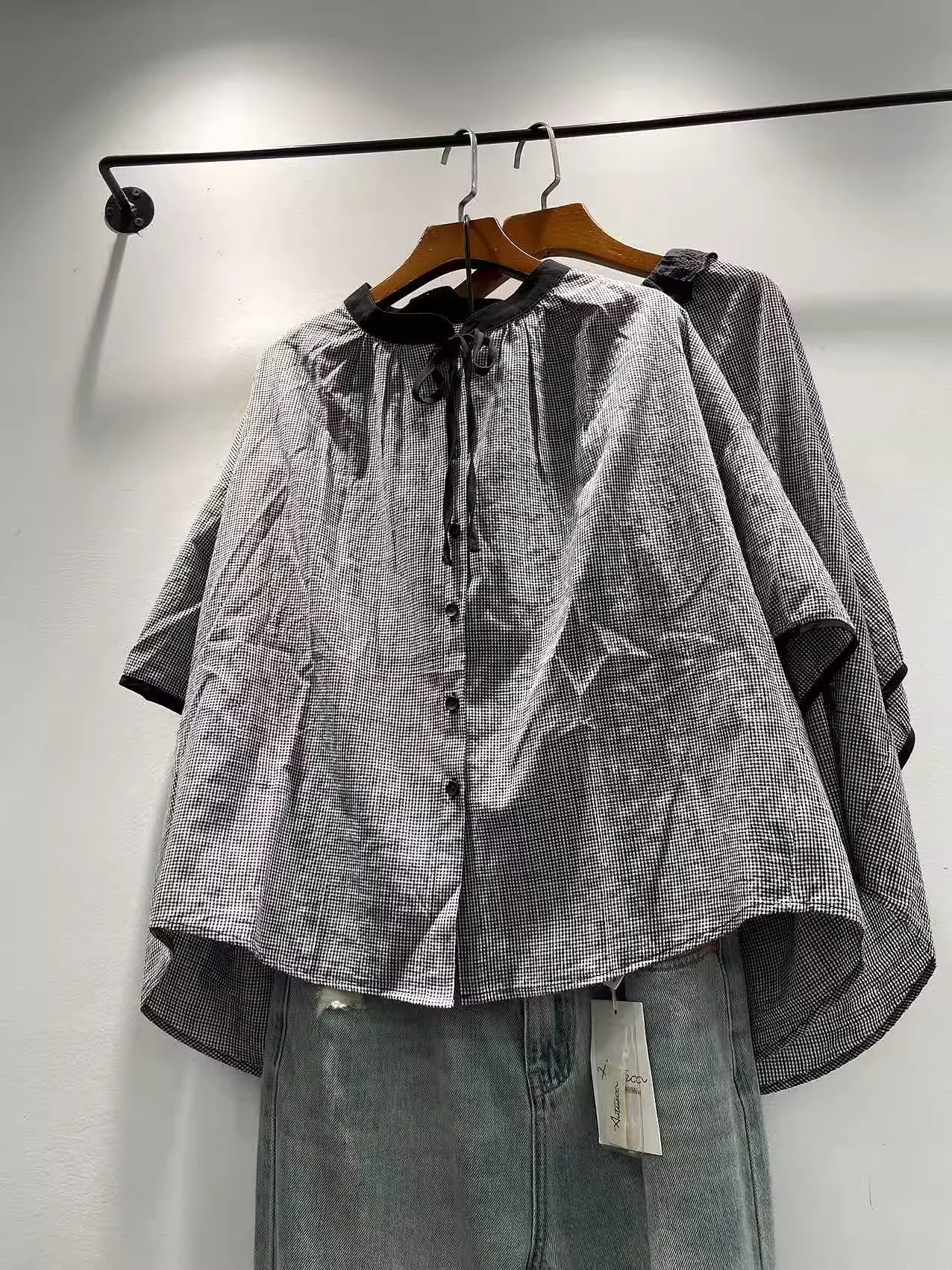

Bust 128cm large size tops women 2025 Japan style cotton black check shirts and blouses for women summer loose plaid shirts