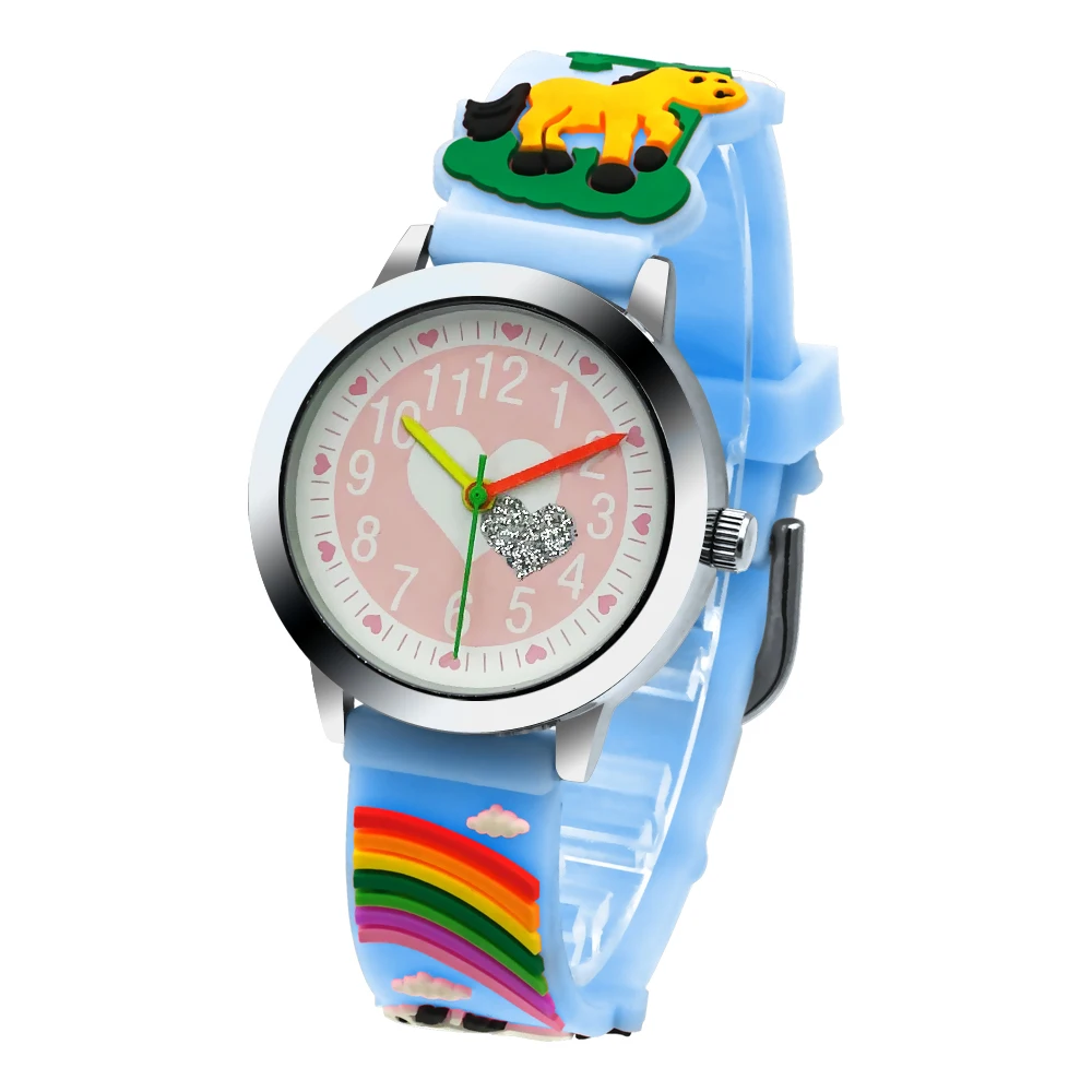 Pink Rainbow Strap Sparkling Pink Love Pattern Dial Glow Quartz Girls' Watch Casual Children's Clock New Year Gift