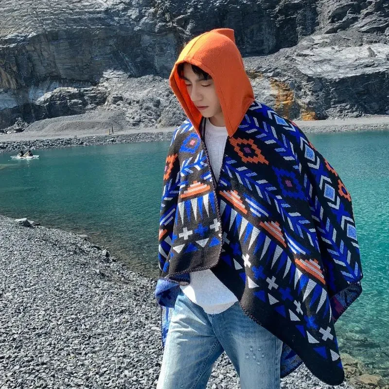 

Poncho Men Imitation Cashmere New Tourism Cloak Male Hooded Warmth Scarf Big Size Print Outwear Autumn Winter Capes Shawls