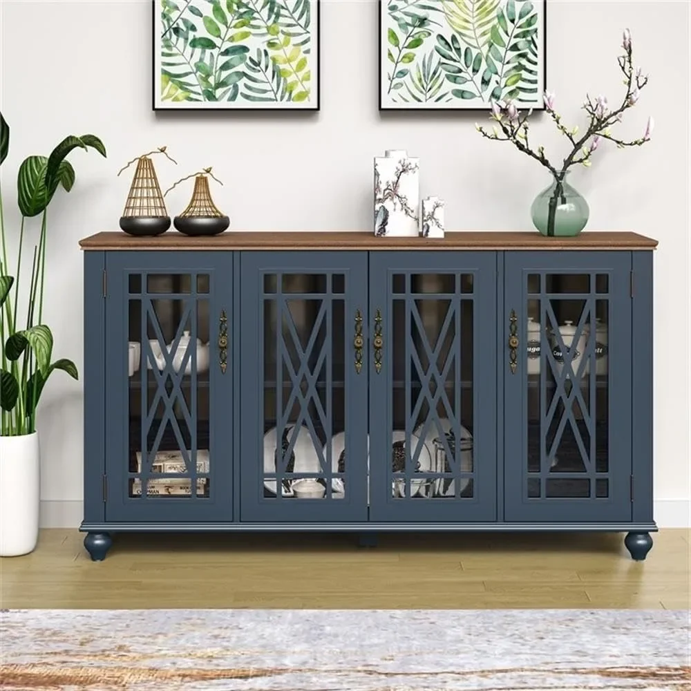63 Sideboards with 4 Glass Paneled Doors, Adjustable Shelves, Assembly Required, Kitchen Accent Buffet Cabinet, Wood Sideboards