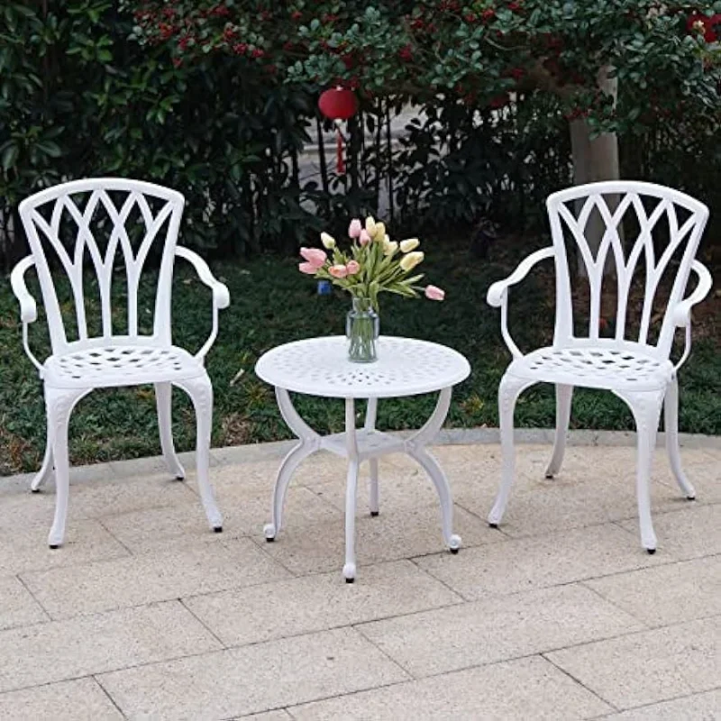 Jardin  3-Piece Outdoor Bistro Set Cast Aluminum Rust-Resistant Patio Furniture Armchairs Design (White)