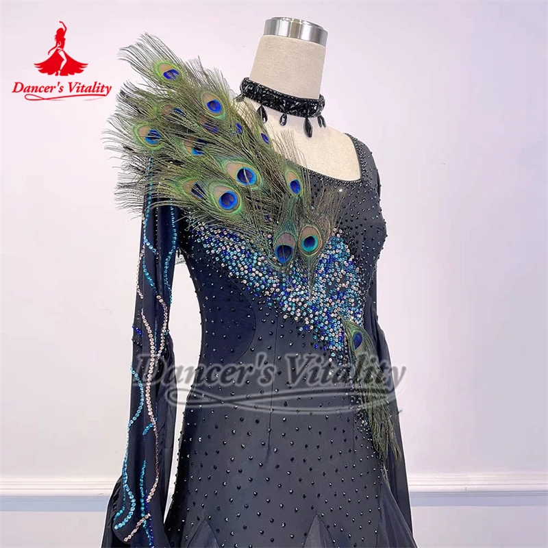 Foxtrot valse bleu marine manches longues robes de plumes de paon collier inclus personnaliser danse sociale vitalité de danseur vêtements