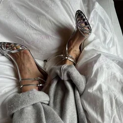 Silver Patent Leather Evening Party Sandals T-strap Round Toe Shoes for Women Stiletto High Heels Shoes 2024 Zapatos Para Mujere