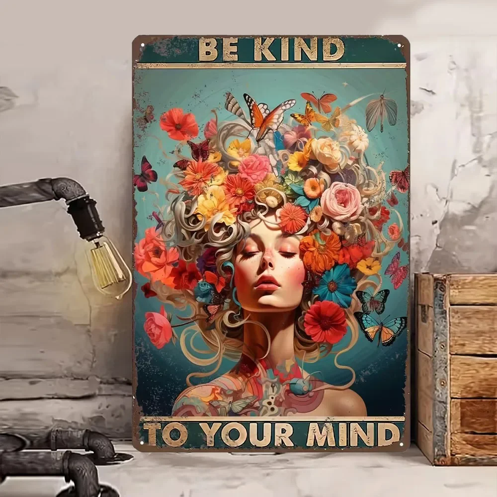 Vintage Poster Mental Health Wall Art, Be Kind to Your Mind Floral Lady Gift Poster, Indoor Aesthetic Floral Lady Tin Sign