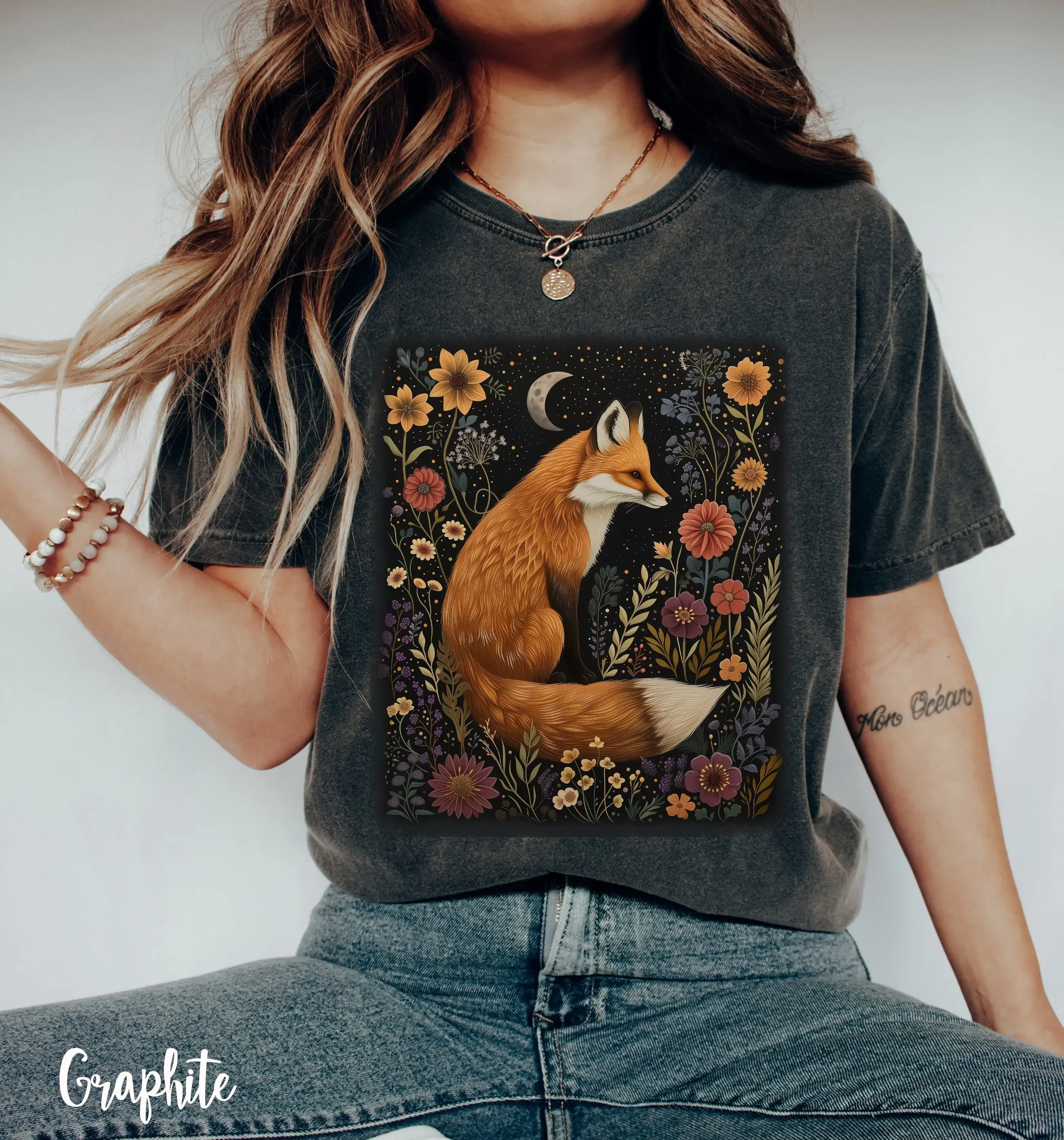 

Plus Size Summer Women's Floral Fox & Moon Print T-Shirt Cotton Breathable Stylish Versatile Street Style Oversized