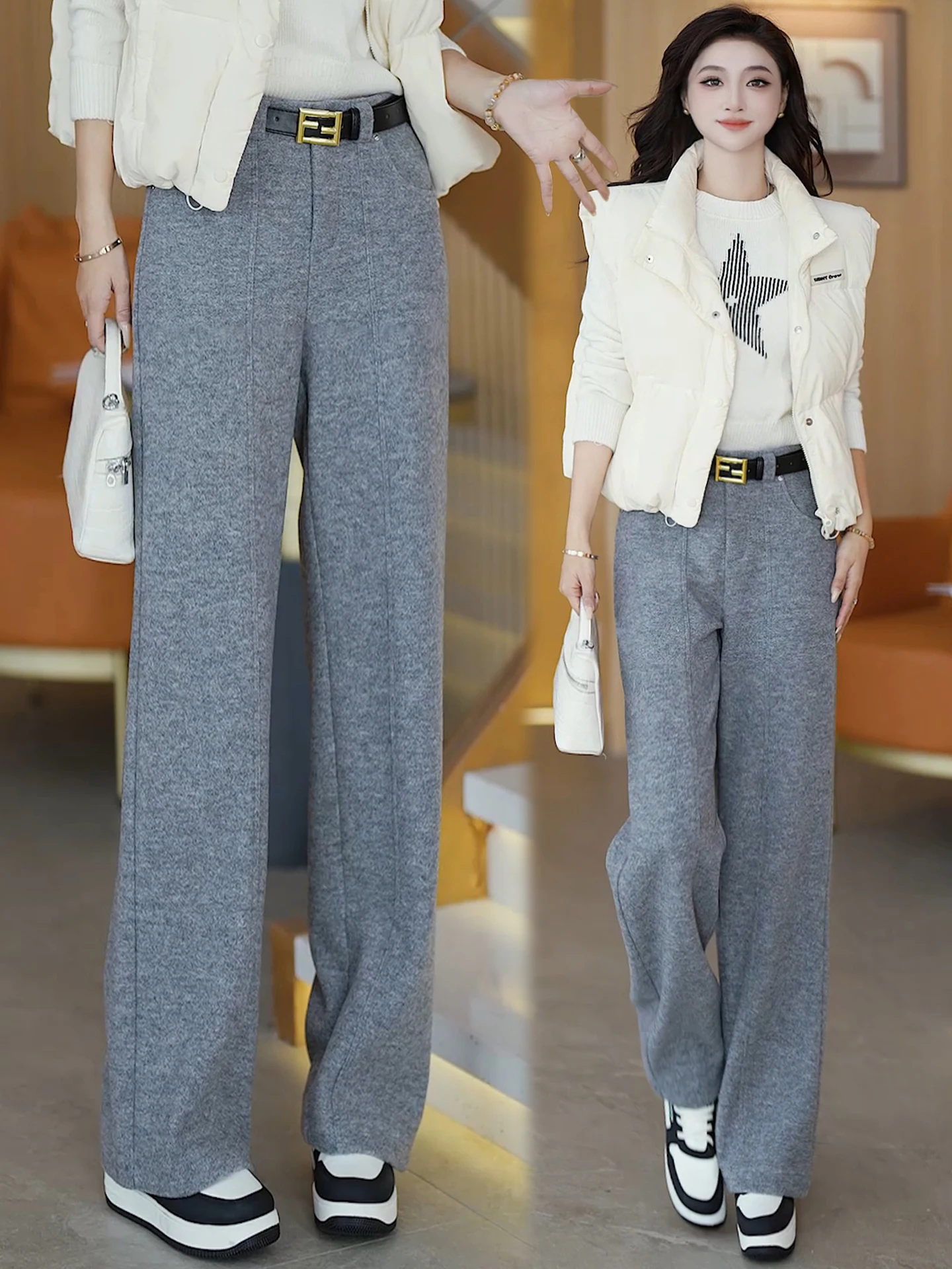 

High Waist Fleece Lined Woolen Narrow Wide Leg Pants Casual Straight Cut Trousers for Women Autumn Winter New Style Loose Drapey