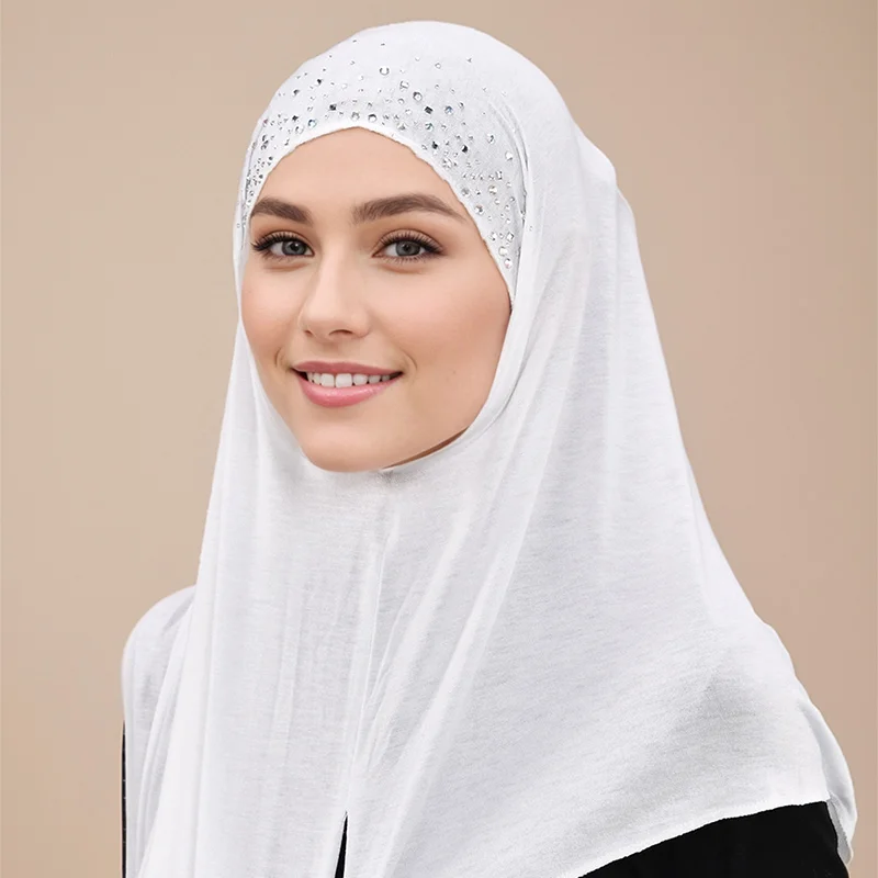 Muslim Rhinestone Cotton Jersey Instant Hijab Scarf For Woman Hijab Plain Shawl Wraps Irregular Ready To Wear Headband Scarves