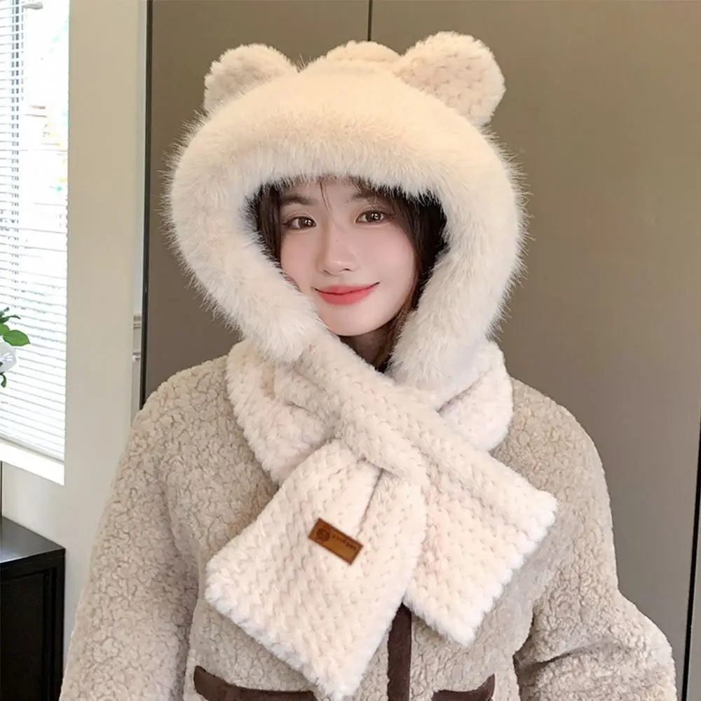 Winter Windproof Integrated Cap Scarf Thickening Ear Protection Cap Soft Warm Scarf Set Hooded For Women