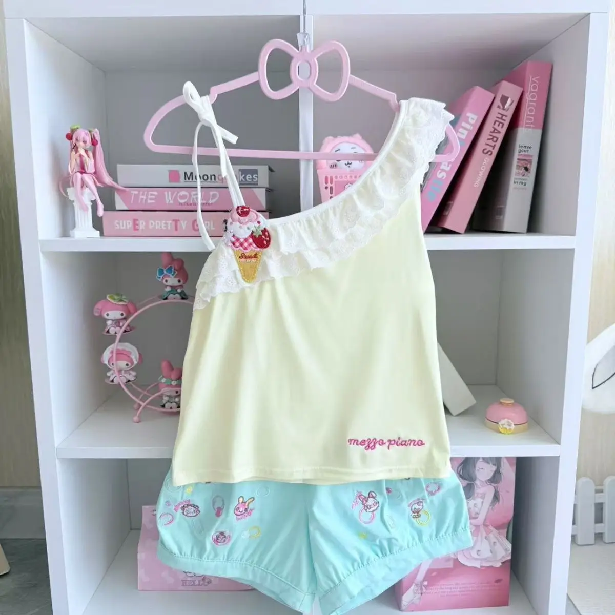 

Summer Sweet Japanese Cartoon Mp Jojifuku 2 Piece Sets Womens Outfits Ice Cream Embroidery Top + Lantern Shorts Sweet Y2k Suits