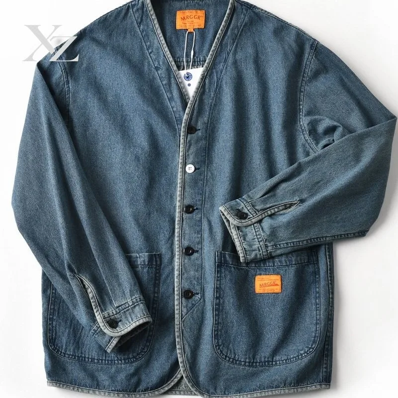 Premium Men's Retro Washed Denim Jacket Casual V-Neck Jean Cardigan Coat with Utility Pockets