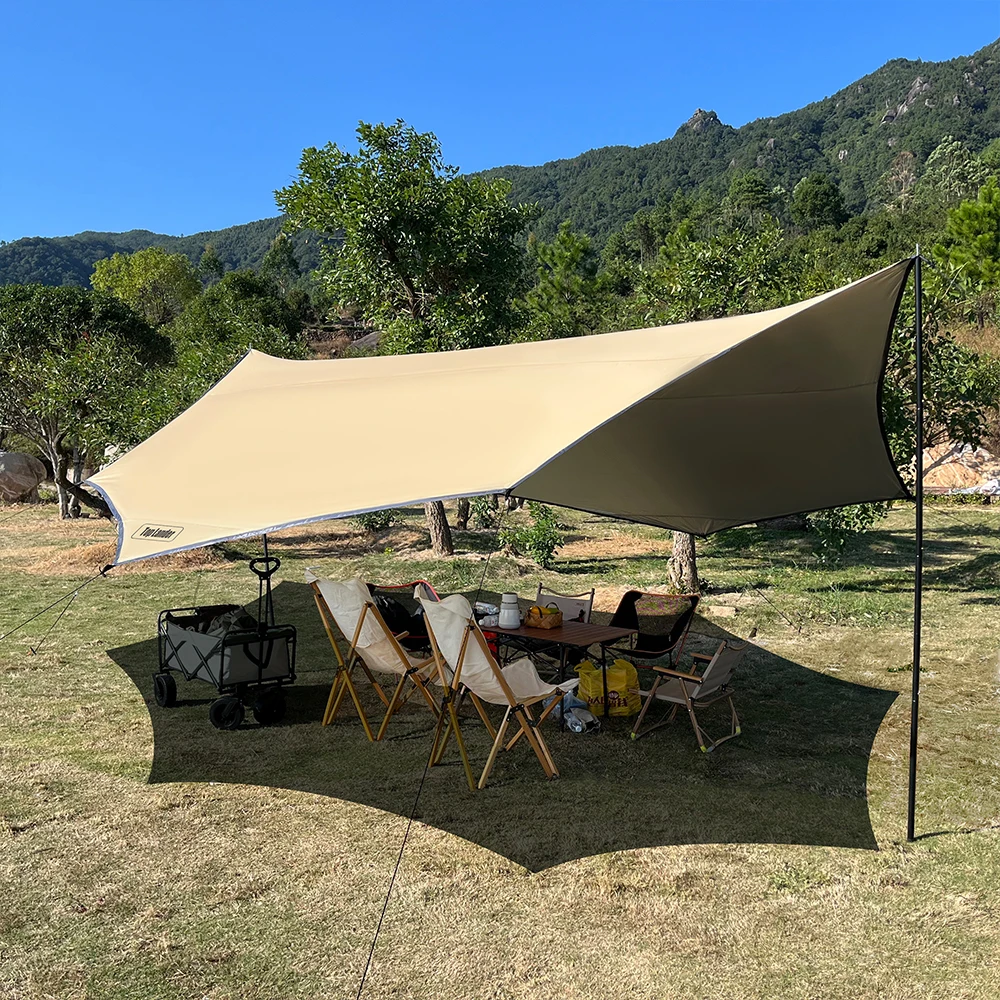 Große achteckige Campingplane 5,1x5,1m, silberbeschichtet, wasserdicht, Sonnenschutz (mit 2,8m Stangenset / 17x17ft Planenmaterial) – Detail 33