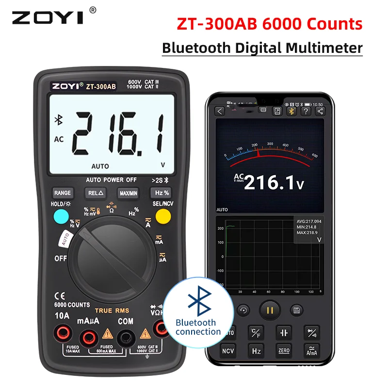 ZT-300AB Bluetooth Digital multimeter Tester Multi Testers True RMS Tester Automatic Mode Counts Measures Voltage Current Resist