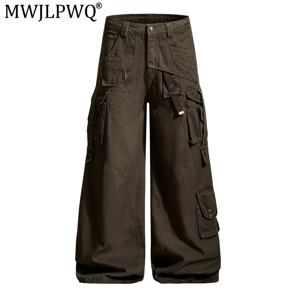 MWJLPWQ Heavy-Duty Multi-Pocket Cargo Pants Men Vibe High Street Trendy Solid Color Deconstructed Loose Wide-Leg Trousers 17758