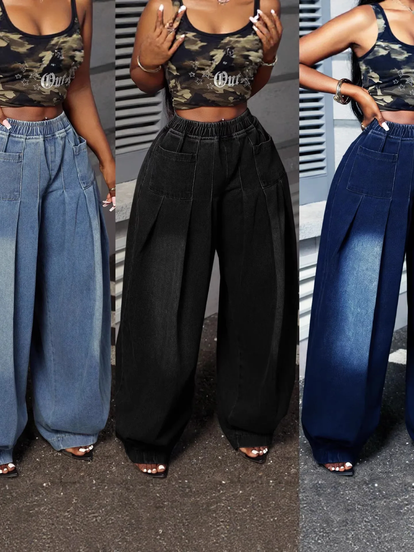 

High Waist Lantern Style Pleated Wide Leg Jeans Women's High Waist Folded Hem Denim Pants Loose Fit Minimalist Style