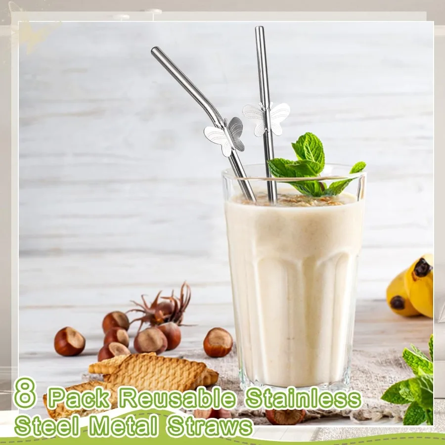 8 упаковок 8-дюймовых многоразовых металлических соломинок из нержавеющей стали, 4 прямых + 4 изогнутых металлических трубочек для питья для напитков с маслом