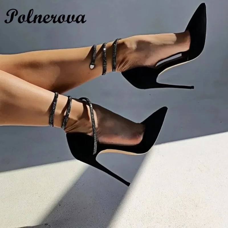 

Snake Strap Heels Stilettos Sandals Pointy Toe Ankle Buckle Pumps Party Dress Heels Handmade Women Shoes Zapatos Para Mujere