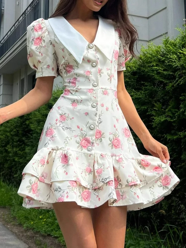 Francês chique floral verão mini vestidos femininos botão frontal em camadas com decote em v manga puff impressão cintura alta casual senhoras vestido novo